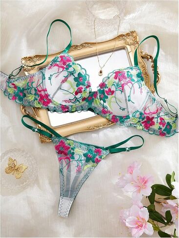 SOLY HUX Women's Sexy Lingerie Floral Embroidery Mesh Push Up Bra and Panty Thongs Underwear 2 Piece Set in Saudi Arabia