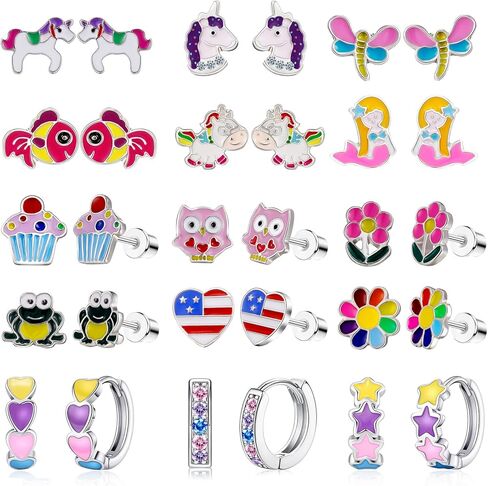 15 Pairs Stud Earrings Set :12 Pairs Unique Cartoon Flat Back Earrings & 3 Pairs Mini Hoops with Stainless Steel Posts and Screwback Earring in Kuwait