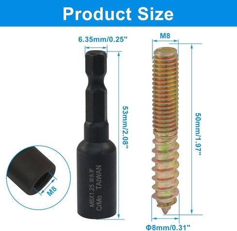 20 Pcs M8 x 50mm Hanger Bolts, Double Head Screws Self Drilling Wood Dowel Screws with Hanger Bolt Driver, Carbon Steel Fasteners for Stairs, Furniture, and DIY Projects in Saudi Arabia