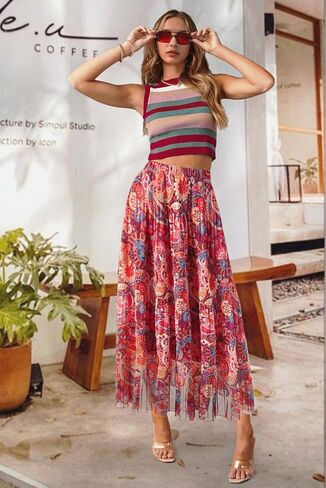 Maxi Skirts for Women Pleated Long Flowy Chiffon Elastic Waist Tiered A Line Skirt White Small in Saudi Arabia