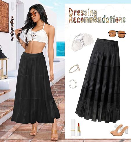 Maxi Skirts for Women Pleated Long Flowy Chiffon Elastic Waist Tiered A Line Skirt White Small in Saudi Arabia