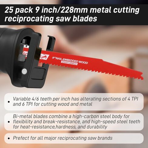 25 Pack 9 Inch 6/12 Tpi Reciprocating Saw Blade Bi-Metal Steel Demon with Perma-Shield Coating for Cutting Wood Metals in Kuwait