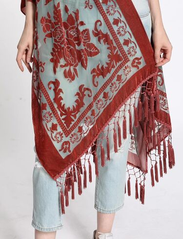 Wehello Women's Burnout Velvet Kimono Long Cardigan Cover مع Tassel Aquamarine in Kuwait
