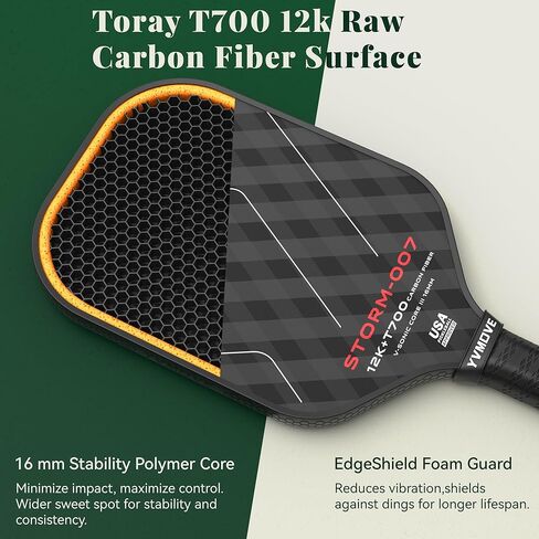 Pickleball Paddle مع سطح T700 الألياف الكربونية الخام و 16 مم من البوليمر البوليمر ، مضرب كرة المخلل الممتاز المصممة لدوران في نهاية المطاف ، معتمدة من USAPA in Saudi Arabia