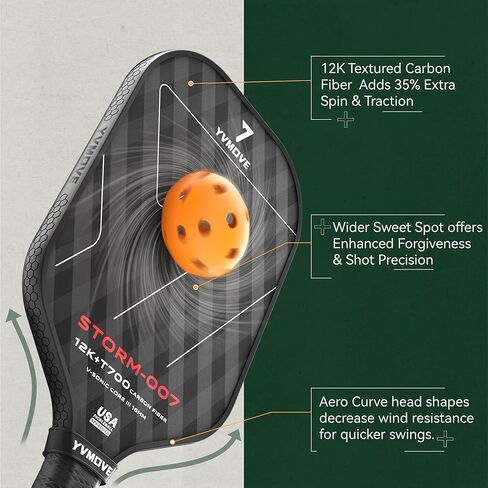 Pickleball Paddle مع سطح T700 الألياف الكربونية الخام و 16 مم من البوليمر البوليمر ، مضرب كرة المخلل الممتاز المصممة لدوران في نهاية المطاف ، معتمدة من USAPA in Saudi Arabia