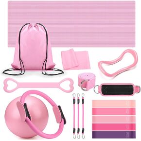 Set of 18 Pilates Ring Essential Kit for Women Pilates Ring and Ball Ankle Resistance Band Yoga Strap Socks Mat Arm Stretcher Latex Tube Gym Back Bag Exercise Equipment for Workout in Kuwait