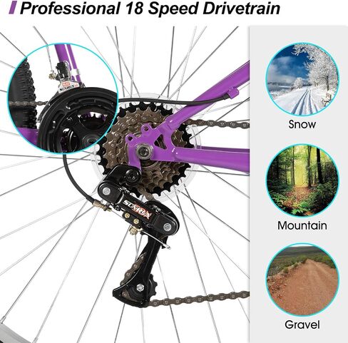 HILAND 26 Inch Womens and Mens Mountain Bike, 18 Speed Steel Frame Adult Bicycle, MTB Bikes with Suspension Fork, V Brake, Mountain Bicycle for Woman Man, Purple Green White in Kuwait