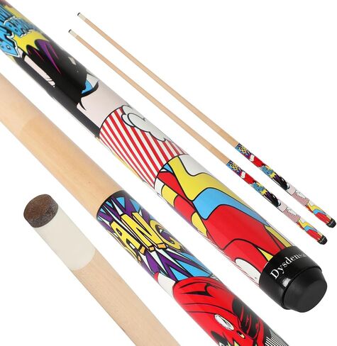 Kids Short Pool Cue Set of 2, Canadian Maple Wood, 4 Sizes (36/42/48/52 Inch) with UV-Printed Fun Designs and Leather Tip in Kuwait