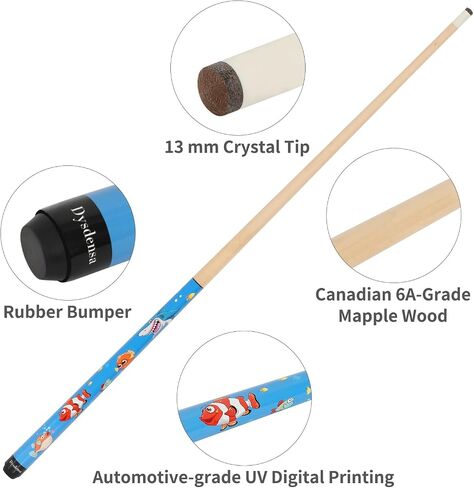 Kids Short Pool Cue Set of 2, Canadian Maple Wood, 4 Sizes (36/42/48/52 Inch) with UV-Printed Fun Designs and Leather Tip in Kuwait