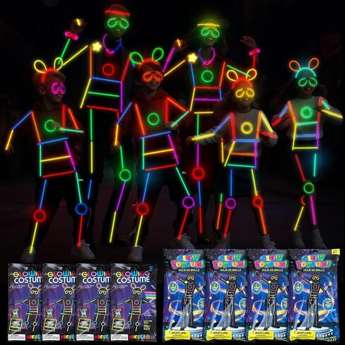 Lewtemi 8 Set Glow Stick Figure Costume, 612 Pcs Light up Stick Figure Costume, Glow in the Dark Outfits, Include Eyeglasses, Earring, Rings, Badge for Halloween Birthday Party Supplies in Saudi Arabia