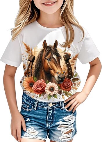 Girls Western Horse T-Shirts - Cute Cowgirl Outfit Kids Short Sleeve Shirts Funny Tops Rodeo Toddler Summer Tee in Kuwait