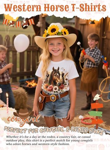 Girls Western Horse T-Shirts - Cute Cowgirl Outfit Kids Short Sleeve Shirts Funny Tops Rodeo Toddler Summer Tee in Kuwait