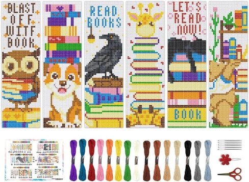 BEUNITONE 6 Pcs Book Cross Stitch Bookmark Kits for Beginner Adults Starter DIY Craft Embroidery Bookmark Kit with Instruction Lovely Stamped Cross Stitch Book Lovers for Handmade Gift 6"x12" in Saudi Arabia
