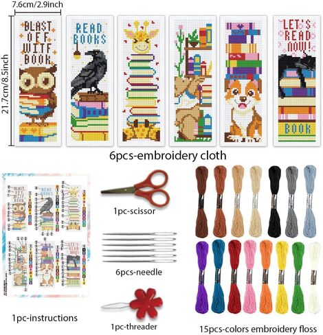 BEUNITONE 6 Pcs Book Cross Stitch Bookmark Kits for Beginner Adults Starter DIY Craft Embroidery Bookmark Kit with Instruction Lovely Stamped Cross Stitch Book Lovers for Handmade Gift 6"x12" in Saudi Arabia