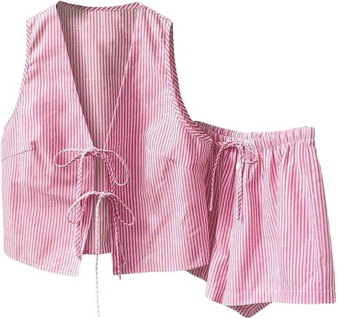 SweatyRocks Women's 2 Piece Summer Outfits Striped Tie Front Bow Sleeveless Top and Shorts Set in Saudi Arabia