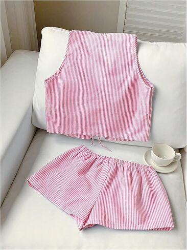 SweatyRocks Women's 2 Piece Summer Outfits Striped Tie Front Bow Sleeveless Top and Shorts Set in Saudi Arabia