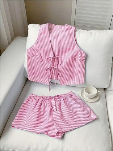 SweatyRocks Women's 2 Piece Summer Outfits Striped Tie Front Bow Sleeveless Top and Shorts Set in Saudi Arabia