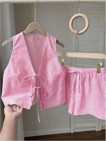 SweatyRocks Women's 2 Piece Summer Outfits Striped Tie Front Bow Sleeveless Top and Shorts Set in Saudi Arabia