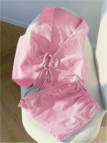 SweatyRocks Women's 2 Piece Summer Outfits Striped Tie Front Bow Sleeveless Top and Shorts Set in Saudi Arabia