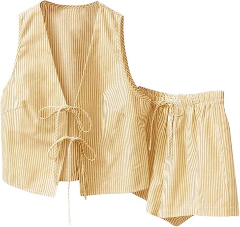 SweatyRocks Women's 2 Piece Summer Outfits Striped Tie Front Bow Sleeveless Top and Shorts Set in Saudi Arabia