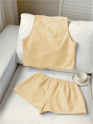 SweatyRocks Women's 2 Piece Summer Outfits Striped Tie Front Bow Sleeveless Top and Shorts Set in Saudi Arabia