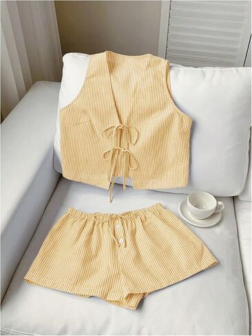 SweatyRocks Women's 2 Piece Summer Outfits Striped Tie Front Bow Sleeveless Top and Shorts Set in Saudi Arabia