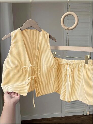 SweatyRocks Women's 2 Piece Summer Outfits Striped Tie Front Bow Sleeveless Top and Shorts Set in Saudi Arabia