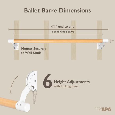 Ilyapa Ballet Barre Bare for Home - Wood Adjustable Wall Mount Ballet Bar Dance Equipment for Barre Workout & Ballet Stretching, Powdercoated White Brackets in Saudi Arabia