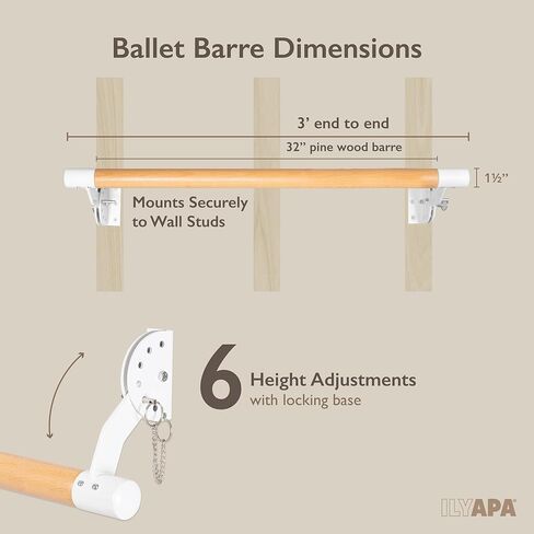 Ilyapa Ballet Barre Bare for Home - Wood Adjustable Wall Mount Ballet Bar Dance Equipment for Barre Workout & Ballet Stretching, Powdercoated White Brackets in Saudi Arabia