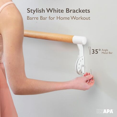 Ilyapa Ballet Barre Bare for Home - Wood Adjustable Wall Mount Ballet Bar Dance Equipment for Barre Workout & Ballet Stretching, Powdercoated White Brackets in Saudi Arabia