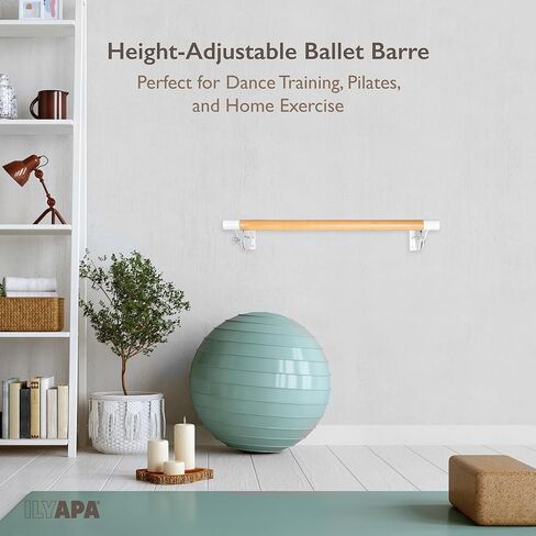 Ilyapa Ballet Barre Bare for Home - Wood Adjustable Wall Mount Ballet Bar Dance Equipment for Barre Workout & Ballet Stretching, Powdercoated White Brackets in Saudi Arabia