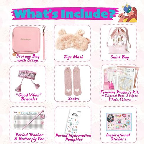 First Period kit for Girls | 22 PC Period Packs for Young Girls First Time | First Period Gift for Teen Girls with Sanitary Pad Storage Bag, Wipes, Bracelet, Eye Mask, Socks and More(Mint) in Saudi Arabia