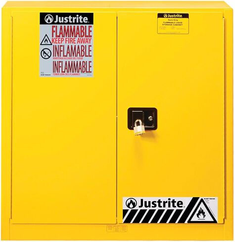Justrite 60 جالون يدوي الطلاء الإغلاق وخزانة سلامة الحبر ، 18 Gauge Steel ، 5 رفوف ، 43 "× 65" × 18 "، خزانة بوابة الباب ، مصنوعة في الولايات المتحدة الأمريكية ، الأصفر ، 894510 in Kuwait