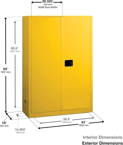 Justrite 60 جالون يدوي الطلاء الإغلاق وخزانة سلامة الحبر ، 18 Gauge Steel ، 5 رفوف ، 43 "× 65" × 18 "، خزانة بوابة الباب ، مصنوعة في الولايات المتحدة الأمريكية ، الأصفر ، 894510 in Kuwait