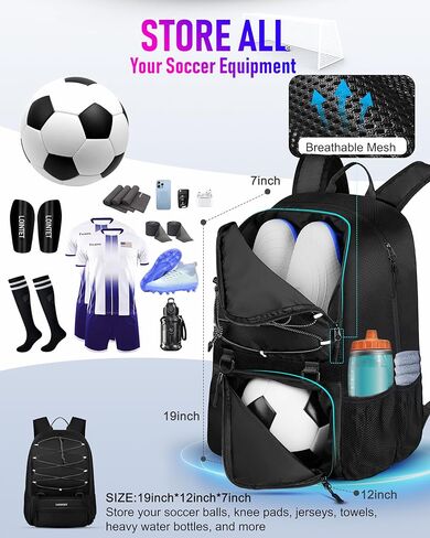 Youth Soccer Bag, Soccer Backpack with Ball Compartment, Sports Equipment Training Bags Fits Basketball Football Volleyball and Accessories, Black in Saudi Arabia