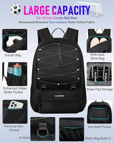 Youth Soccer Bag, Soccer Backpack with Ball Compartment, Sports Equipment Training Bags Fits Basketball Football Volleyball and Accessories, Black in Saudi Arabia