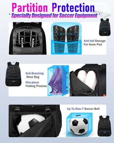 Youth Soccer Bag, Soccer Backpack with Ball Compartment, Sports Equipment Training Bags Fits Basketball Football Volleyball and Accessories, Black in Saudi Arabia
