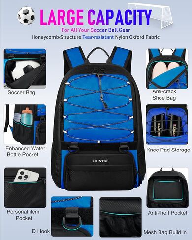 Youth Soccer Bag, Soccer Backpack with Ball Compartment, Sports Equipment Training Bags Fits Basketball Football Volleyball and Accessories, Black in Saudi Arabia