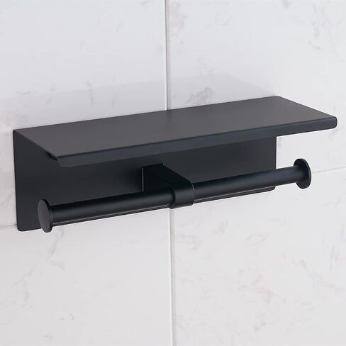 BGL Toilet Paper Holder with Shelf Matte Black, 304 Stainless Steel Wall Mount Toilet Tissue Roll Holder with Double Post for Bathroom, Commercial Toilet Paper Dispenser with Phone Shelf in Kuwait