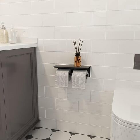 BGL Toilet Paper Holder with Shelf Matte Black, 304 Stainless Steel Wall Mount Toilet Tissue Roll Holder with Double Post for Bathroom, Commercial Toilet Paper Dispenser with Phone Shelf in Kuwait