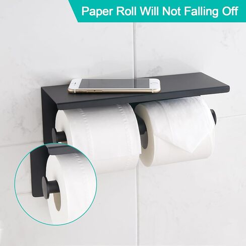 BGL Toilet Paper Holder with Shelf Matte Black, 304 Stainless Steel Wall Mount Toilet Tissue Roll Holder with Double Post for Bathroom, Commercial Toilet Paper Dispenser with Phone Shelf in Kuwait