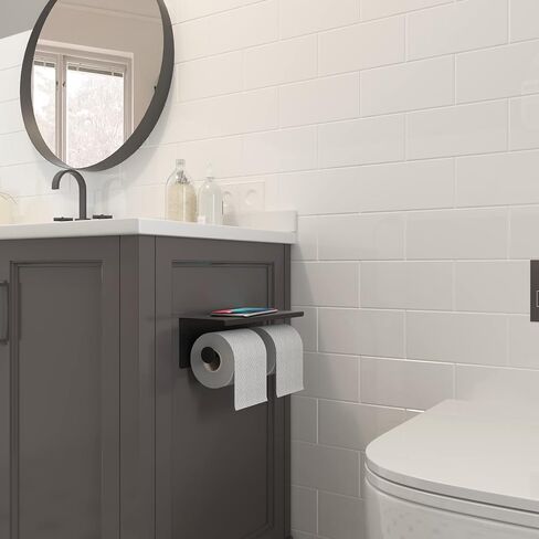 BGL Toilet Paper Holder with Shelf Matte Black, 304 Stainless Steel Wall Mount Toilet Tissue Roll Holder with Double Post for Bathroom, Commercial Toilet Paper Dispenser with Phone Shelf in Kuwait