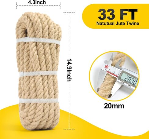 Jute Twine String -33Feet 20mm Friendly Heavy-Duty Rope for Crafts,Construction & Packaging | Natural Fiber Cord for Garden Tying,Bundling & DIY Decor in Kuwait