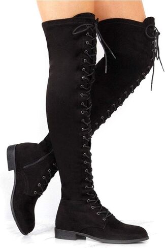 YING LAN Women's Over The Knee Low Heel Lace Up Tall Boots | Suede Upper, Soft Lining Breathable, Lace Up Front, Side Zipper Easy On Off, Round Toe, Non-Slip, Combat Punk Style in Saudi Arabia