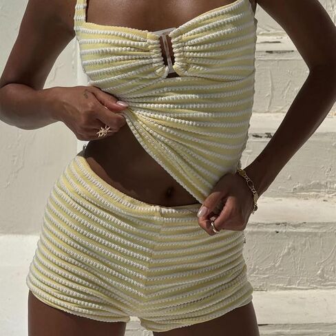 Molilove 2 قطعة متماسكة مجموعة للنساء Stripe Olcyveless Top Bodycon Shorts Tracksuits Y2K Lounge Set Beach Set in Kuwait