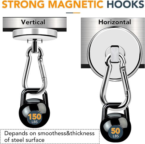 MIKEDE Magnetic Hooks Heavy Duty, 110LBS+ Strong Neodymium Magnets with Swivel Carabiner Hook, Black Magnetic Hangers Magnet Hooks for Locker, Home, Cruise Cabin, Office - 10 Pack in Kuwait
