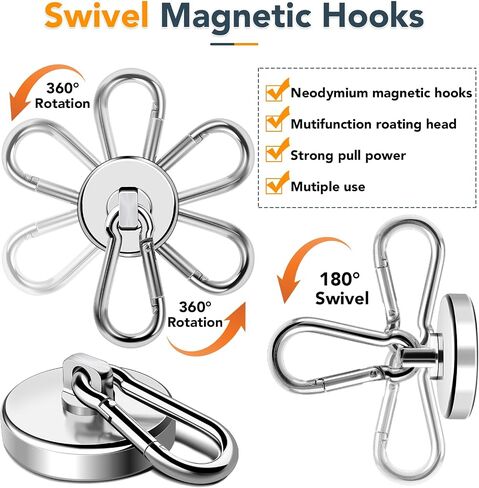 MIKEDE Magnetic Hooks Heavy Duty, 110LBS+ Strong Neodymium Magnets with Swivel Carabiner Hook, Black Magnetic Hangers Magnet Hooks for Locker, Home, Cruise Cabin, Office - 10 Pack in Kuwait