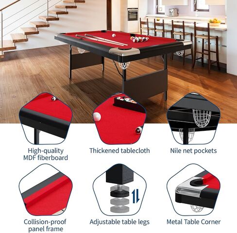 6-7 Ft Folding Pool Table, Portable Pool Table, Billiard Table Set Includes Balls, Cues, Chalks and Brush, for Family Game Room, Adult Rrec Room, Basements in Kuwait