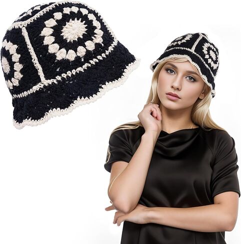 Crochet Bucket Hat Women, Knitted Bucket Hat Floral Knitted Hat, Crochet Hat for Black Women Fashion Outdoor in Kuwait