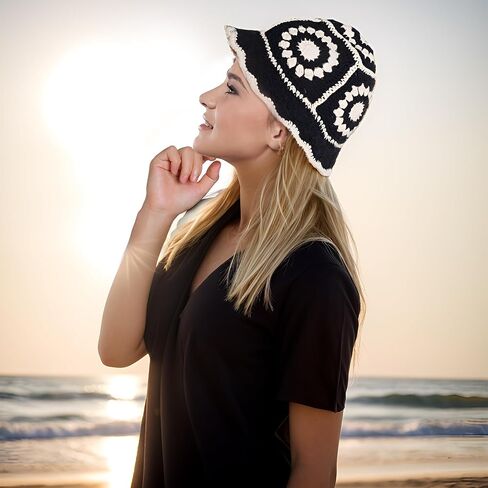 Crochet Bucket Hat Women, Knitted Bucket Hat Floral Knitted Hat, Crochet Hat for Black Women Fashion Outdoor in Kuwait